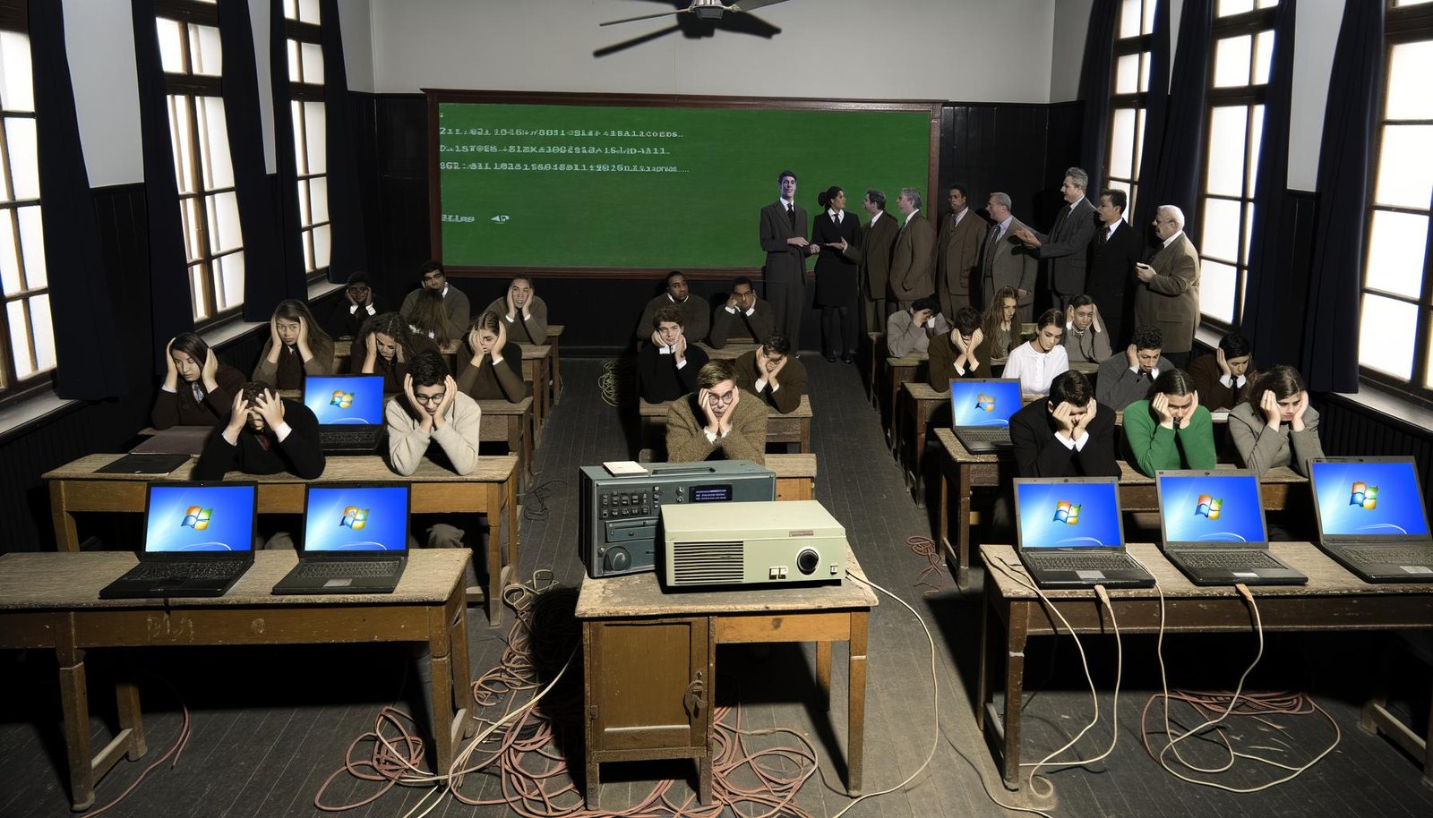 Ein überfüllter, alter Klassenraum mit frustrierten Schülern, defekten Laptops, Kabelsalat und einem hektischen Lehrer; draußen beobachten Minister das Geschehen.