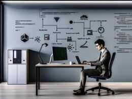 Minimalistischer Arbeitsplatz mit junger Fachkraft am Laptop, auf dem Scikit-learn-Code läuft. Umgeben von Workflow-Diagrammen, wichtigen Modulsymbolen und Monitor mit Konfusionsmatrix und ROC-Kurve.