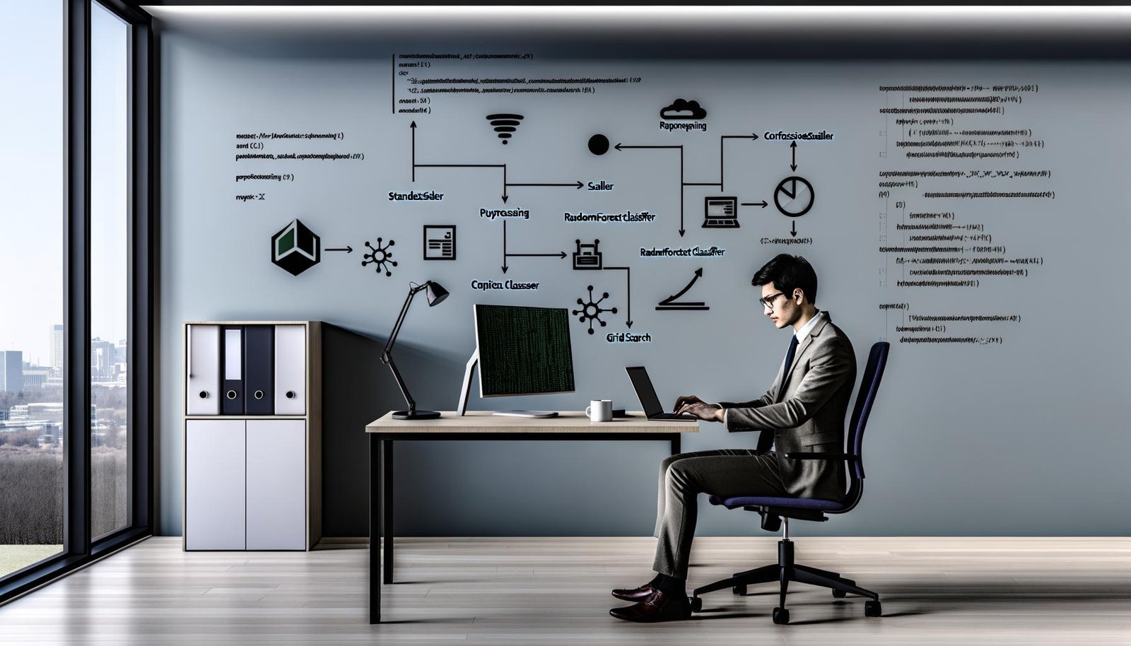 Minimalistischer Arbeitsplatz mit junger Fachkraft am Laptop, auf dem Scikit-learn-Code läuft. Umgeben von Workflow-Diagrammen, wichtigen Modulsymbolen und Monitor mit Konfusionsmatrix und ROC-Kurve.