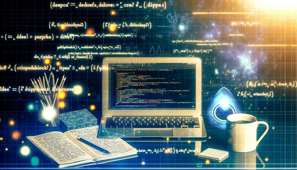 Futuristischer Arbeitsplatz mit geöffnetem Laptop, der scikit-learn Code in Jupyter Notebook zeigt, und Data Science Utensilien wie Notizbüchern, Kaffeetasse sowie leuchtendem Python-Logo.