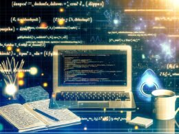 Futuristischer Arbeitsplatz mit geöffnetem Laptop, der scikit-learn Code in Jupyter Notebook zeigt, und Data Science Utensilien wie Notizbüchern, Kaffeetasse sowie leuchtendem Python-Logo.