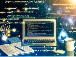 Futuristischer Arbeitsplatz mit geöffnetem Laptop, der scikit-learn Code in Jupyter Notebook zeigt, und Data Science Utensilien wie Notizbüchern, Kaffeetasse sowie leuchtendem Python-Logo.