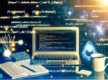 Futuristischer Arbeitsplatz mit geöffnetem Laptop, der scikit-learn Code in Jupyter Notebook zeigt, und Data Science Utensilien wie Notizbüchern, Kaffeetasse sowie leuchtendem Python-Logo.