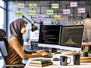 Moderner Data-Science-Arbeitsplatz mit Data Scientist, Jupyter Notebook mit Python und Scikit-learn Code, Visualisierungen sowie Fachliteratur und Whiteboard voller Algorithmen.
