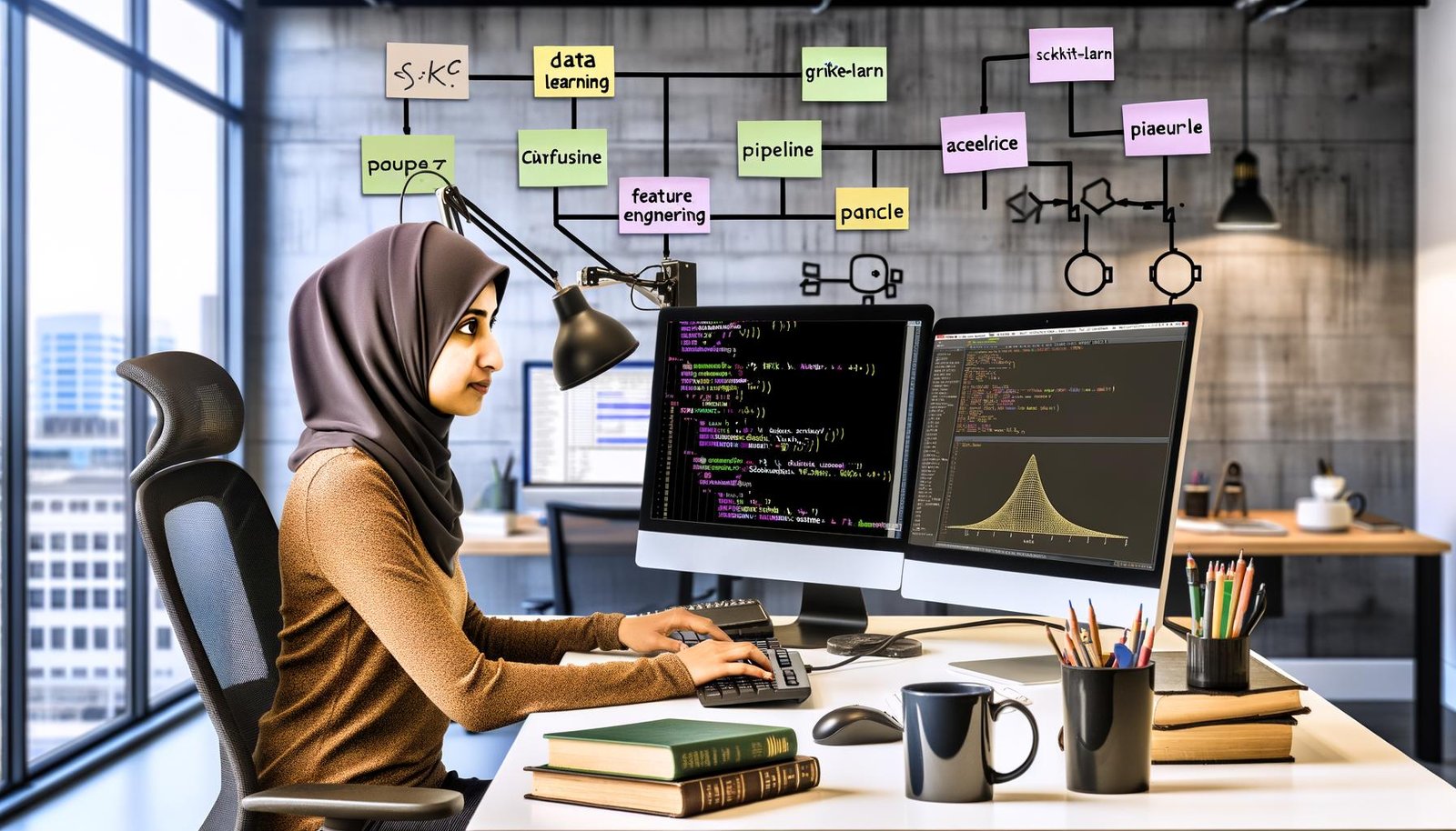 Moderner Data-Science-Arbeitsplatz mit Data Scientist, Jupyter Notebook mit Python und Scikit-learn Code, Visualisierungen sowie Fachliteratur und Whiteboard voller Algorithmen.