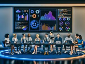 Futuristische Marketingszene mit Team an Hightech-Tisch, offenen Laptops mit Datencharts und Scikit-Learn-Code, digitale Präsentation und Elemente für automatisierte KI-Marketingprozesse