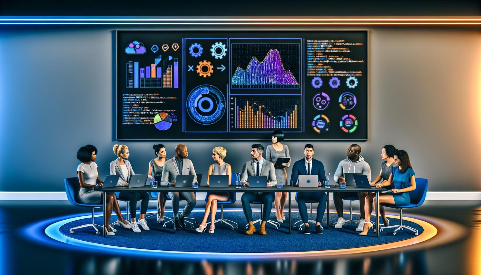 Futuristische Marketingszene mit Team an Hightech-Tisch, offenen Laptops mit Datencharts und Scikit-Learn-Code, digitale Präsentation und Elemente für automatisierte KI-Marketingprozesse