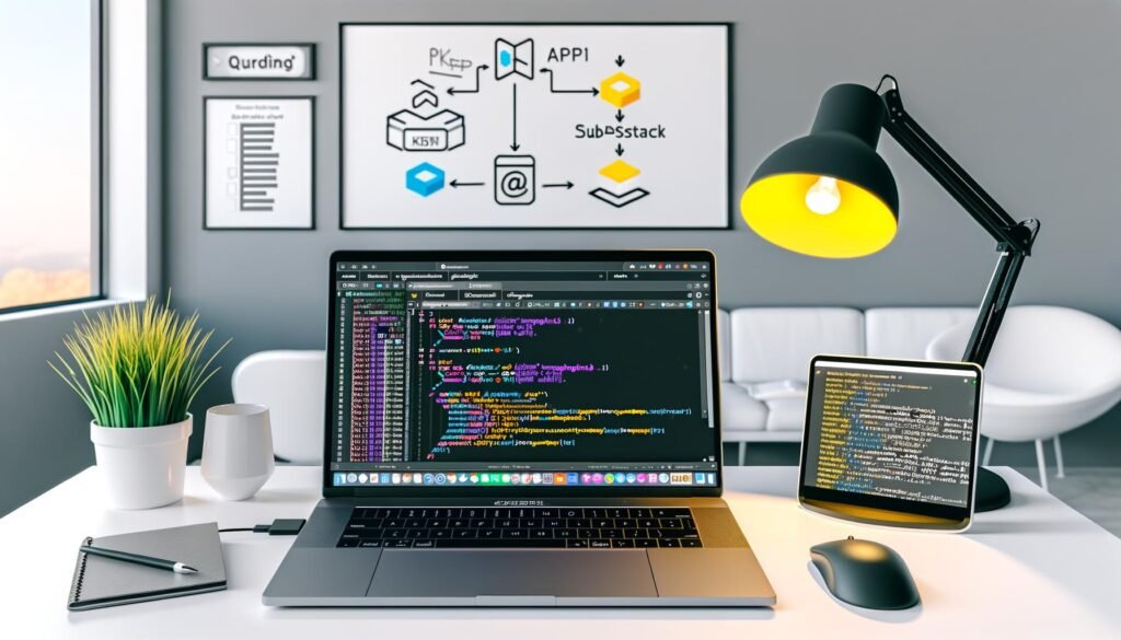 Moderner, minimalistisch eingerichteter Arbeitsplatz mit Laptop, offenem Browser, API-Key-Fenster, Python-Konsole und Notizen zu Prompt Engineering und Workflow-Automatisierung.