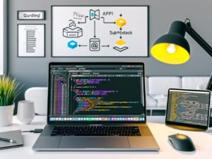 Moderner, minimalistisch eingerichteter Arbeitsplatz mit Laptop, offenem Browser, API-Key-Fenster, Python-Konsole und Notizen zu Prompt Engineering und Workflow-Automatisierung.