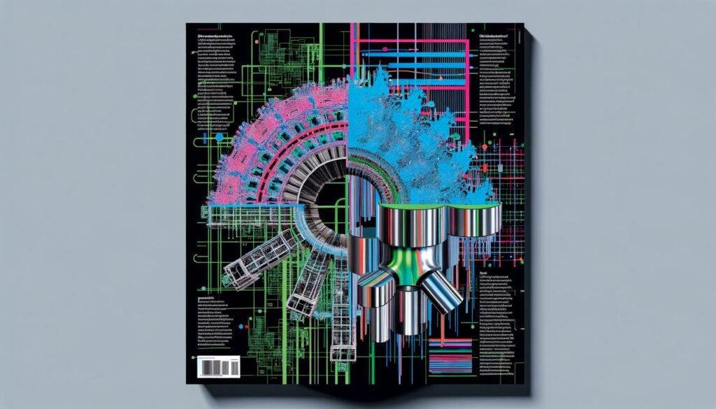 Abstraktes Data-Science-Titelbild mit großem Maschinenlernmodell, digitalen Diagrammen, bunten Hyperparametern und urbaner Tech-Ästhetik in Neonfarben.