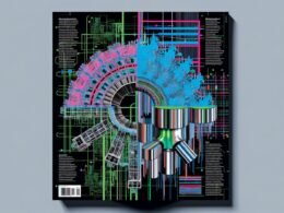 Abstraktes Data-Science-Titelbild mit großem Maschinenlernmodell, digitalen Diagrammen, bunten Hyperparametern und urbaner Tech-Ästhetik in Neonfarben.