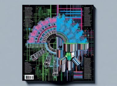Abstraktes Data-Science-Titelbild mit großem Maschinenlernmodell, digitalen Diagrammen, bunten Hyperparametern und urbaner Tech-Ästhetik in Neonfarben.