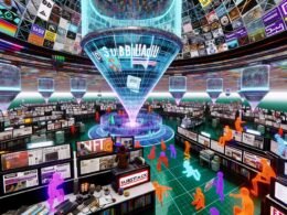 Futuristischer Newsroom im Metaverse mit digitalen Avataren, Substack-Covern, NFT- und Kryptosymbolen, holografischen Daten und Community-Bereichen unter einer polygonalen Kuppel