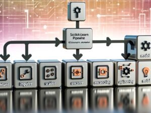 Illustration eines Machine-Learning-Workflows in einer Scikit-learn Pipeline mit beschrifteten, farbigen Blöcken für jeden Schritt und klaren Symbolen vor hellem, digitalem Hintergrund.