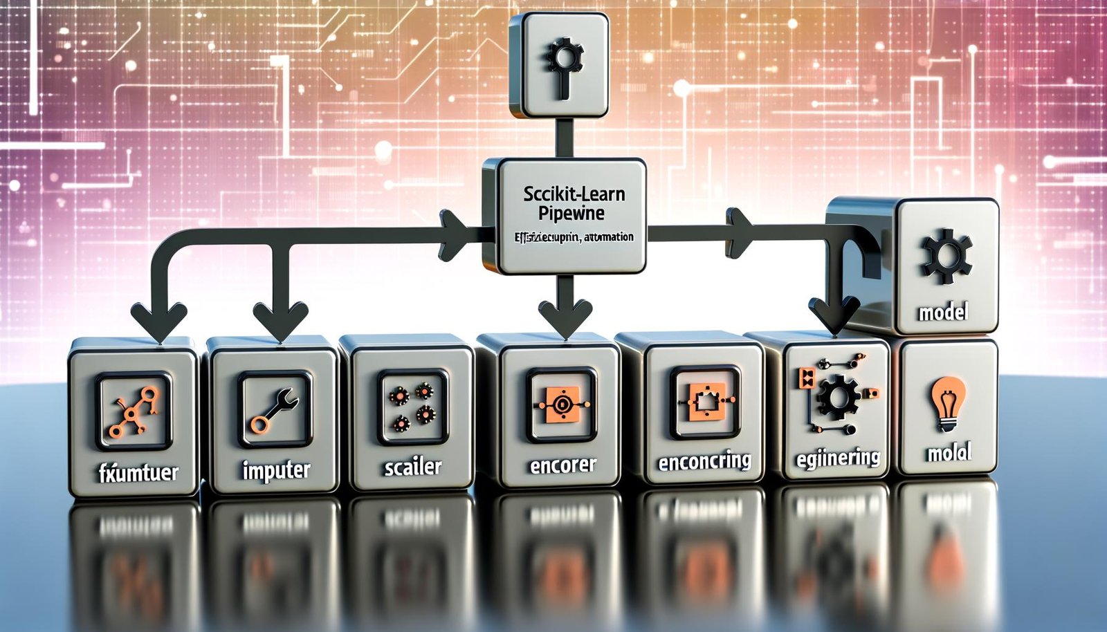 Illustration eines Machine-Learning-Workflows in einer Scikit-learn Pipeline mit beschrifteten, farbigen Blöcken für jeden Schritt und klaren Symbolen vor hellem, digitalem Hintergrund.