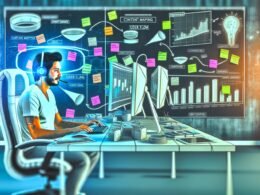 Digitaler Marketer arbeitet fokussiert an mehreren Bildschirmen mit Analysediagrammen in einem modernen, technologieorientierten Büro voller kreativer Notizen und moderner Geräte.