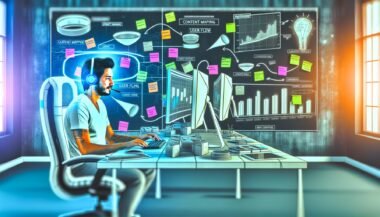 Digitaler Marketer arbeitet fokussiert an mehreren Bildschirmen mit Analysediagrammen in einem modernen, technologieorientierten Büro voller kreativer Notizen und moderner Geräte.