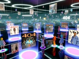 Futuristischer virtueller Magazinraum mit Avataren, interaktiven Bildschirmen, Hologrammen, NFT-Symbolen und Portalen im Metaverse.