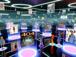 Futuristischer virtueller Magazinraum mit Avataren, interaktiven Bildschirmen, Hologrammen, NFT-Symbolen und Portalen im Metaverse.