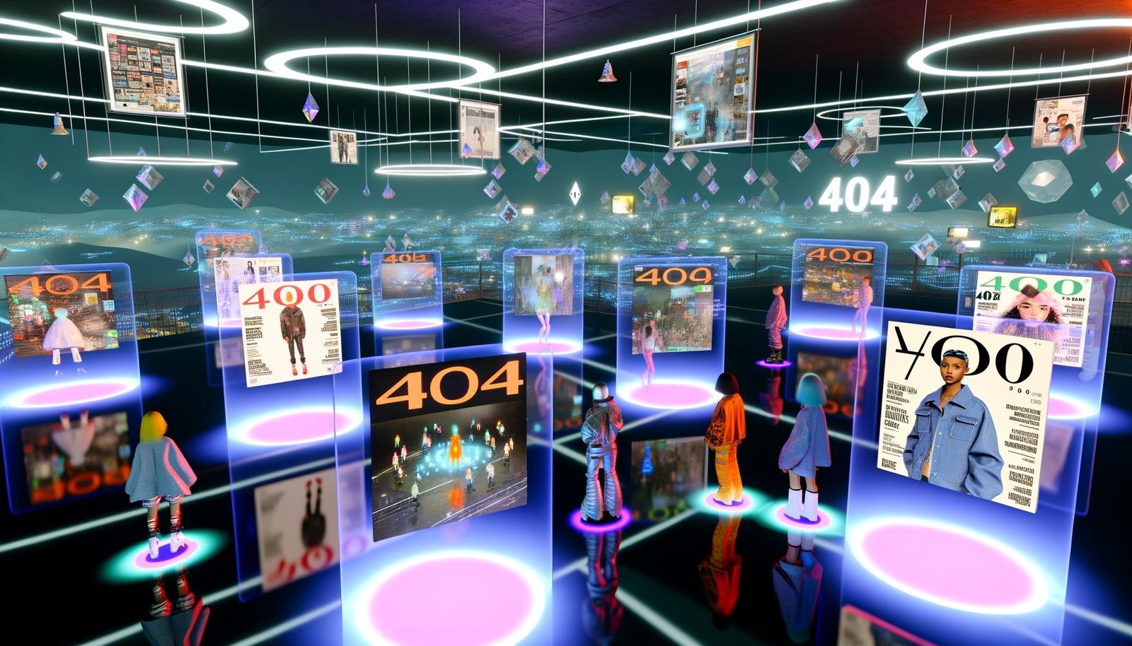 Futuristischer virtueller Magazinraum mit Avataren, interaktiven Bildschirmen, Hologrammen, NFT-Symbolen und Portalen im Metaverse.