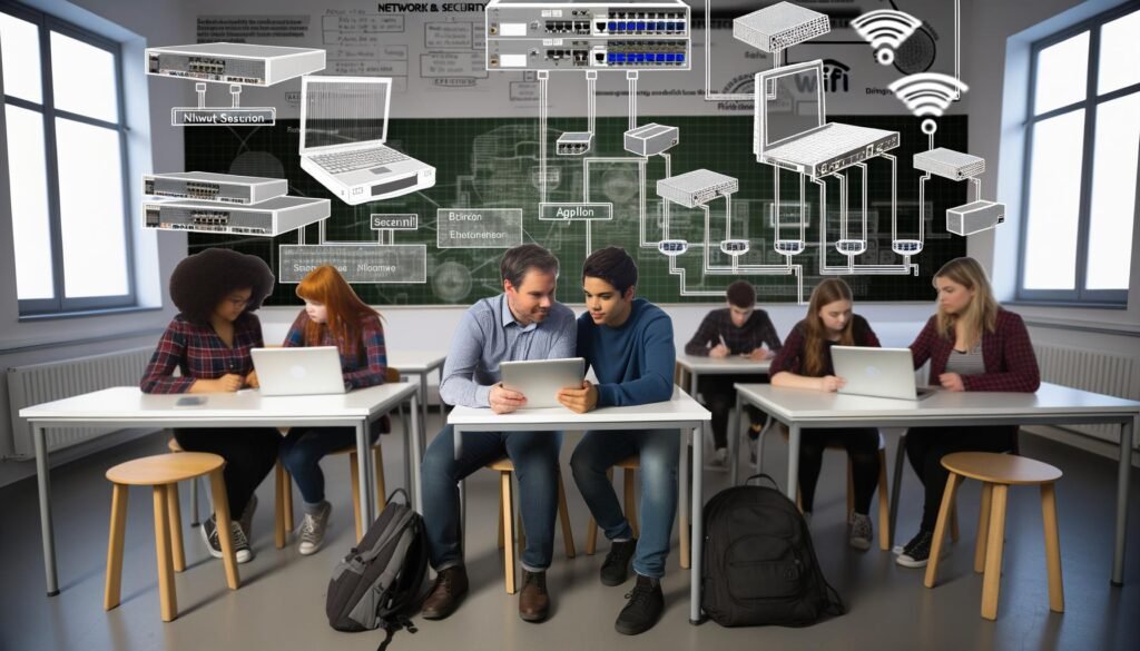 Moderne Schulklasse in Deutschland mit Schülern an Tablets und Laptops, Gruppentischen, interaktiven Whiteboard, offenliegenden Kabeln, WLAN-Routern und digitaler Pinnwand, Lehrer und Administratorin vor großem Technik-Bildschirm