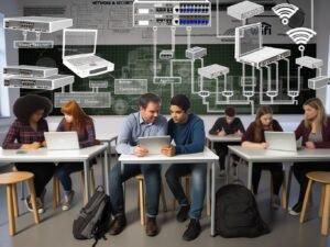 Moderne Schulklasse in Deutschland mit Schülern an Tablets und Laptops, Gruppentischen, interaktiven Whiteboard, offenliegenden Kabeln, WLAN-Routern und digitaler Pinnwand, Lehrer und Administratorin vor großem Technik-Bildschirm