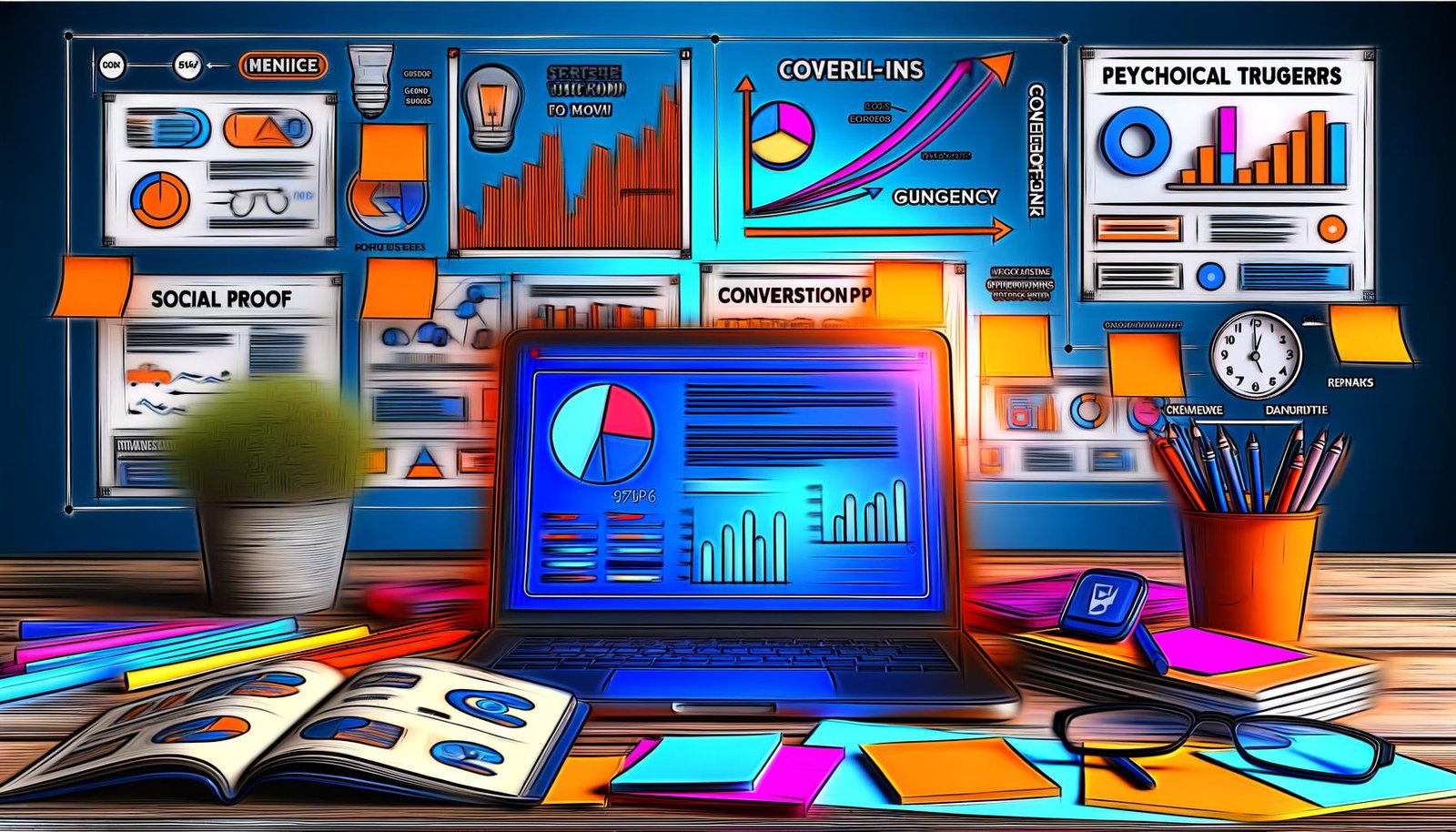 Dynamische Illustration eines modernen Online-Marketing-Arbeitsplatzes mit Laptop, Dashboard, Post-its, Wireframes, Magazinen und Visualisierungen von Datenströmen und Conversion-Funnel in leuchtenden Blau- und Orangetönen.