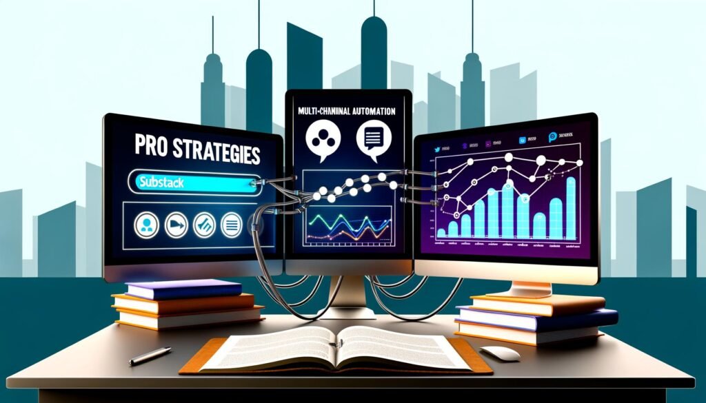 Moderner Arbeitsplatz mit großen Monitoren, auf denen Substack, Social-Media-Plattformen, Automatisierungstools und Analysediagramme zu sehen sind. Kabel verbinden die Bildschirme, daneben liegt ein Notizbuch mit der Aufschrift „Profi-Strategien“, im Hintergrund eine Skyline des Jahres 2025.