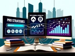 Moderner Arbeitsplatz mit großen Monitoren, auf denen Substack, Social-Media-Plattformen, Automatisierungstools und Analysediagramme zu sehen sind. Kabel verbinden die Bildschirme, daneben liegt ein Notizbuch mit der Aufschrift „Profi-Strategien“, im Hintergrund eine Skyline des Jahres 2025.