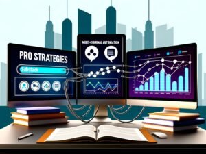 Moderner Arbeitsplatz mit großen Monitoren, auf denen Substack, Social-Media-Plattformen, Automatisierungstools und Analysediagramme zu sehen sind. Kabel verbinden die Bildschirme, daneben liegt ein Notizbuch mit der Aufschrift „Profi-Strategien“, im Hintergrund eine Skyline des Jahres 2025.