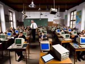 Deutsches Klassenzimmer mit alten Windows-98-Rechnern, nicht funktionsfähigen Smartboards und Schülern, die ratlos auf leere Tablets blicken. Eine Lehrkraft steht fassungslos an der Tafel, Symbol für gescheiterte Digitalisierung.