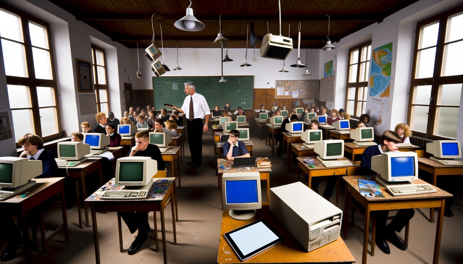 Deutsches Klassenzimmer mit alten Windows-98-Rechnern, nicht funktionsfähigen Smartboards und Schülern, die ratlos auf leere Tablets blicken. Eine Lehrkraft steht fassungslos an der Tafel, Symbol für gescheiterte Digitalisierung.