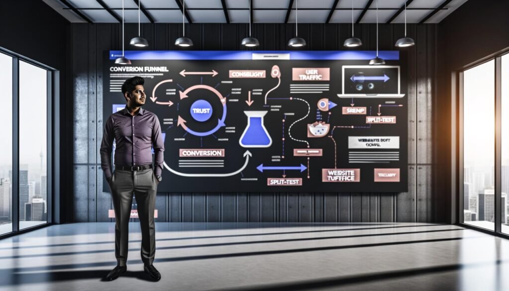 Digitaler Marketer präsentiert vor einer High-Tech-Wand mit Conversion-Funnels, User Journeys, Datenanalysen und modernen Website-Beispielen.