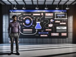 Digitaler Marketer präsentiert vor einer High-Tech-Wand mit Conversion-Funnels, User Journeys, Datenanalysen und modernen Website-Beispielen.