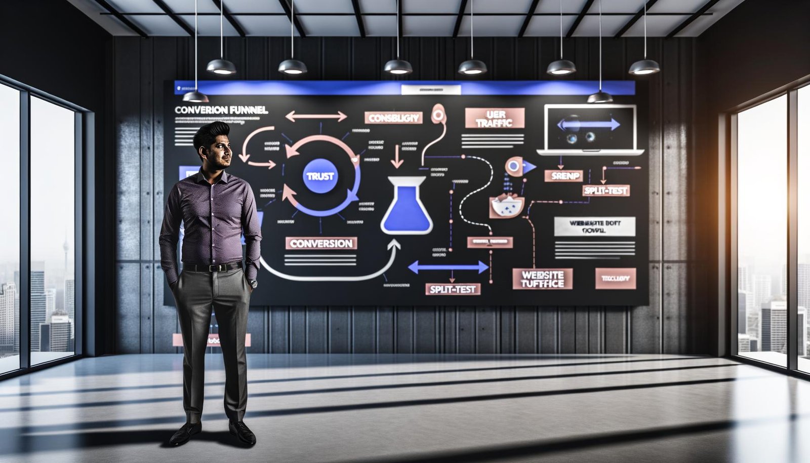 Digitaler Marketer präsentiert vor einer High-Tech-Wand mit Conversion-Funnels, User Journeys, Datenanalysen und modernen Website-Beispielen.