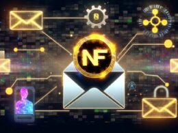 Futuristische Collage mit E-Mail-Postfach, leuchtendem NFT-Token, Blockchain-Pixeln, Substack-Logo, Wallet-Symbolen, Codezeilen und Community-Avataren vor dunklem Hintergrund mit Neonfarben.