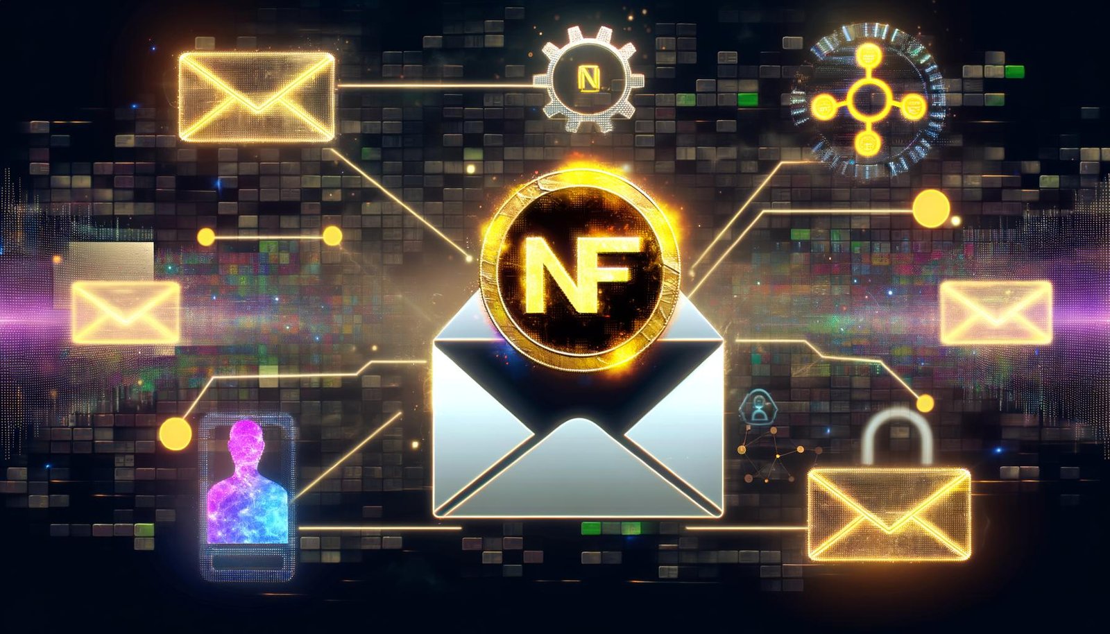 Futuristische Collage mit E-Mail-Postfach, leuchtendem NFT-Token, Blockchain-Pixeln, Substack-Logo, Wallet-Symbolen, Codezeilen und Community-Avataren vor dunklem Hintergrund mit Neonfarben.