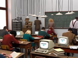 Schüler arbeiten an alten Computern und Kreidetafeln in einem Schulraum voller Technikprobleme und analogem Material.