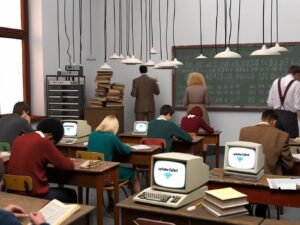 Schüler arbeiten an alten Computern und Kreidetafeln in einem Schulraum voller Technikprobleme und analogem Material.