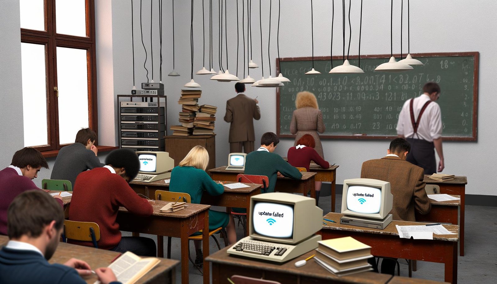 Schüler arbeiten an alten Computern und Kreidetafeln in einem Schulraum voller Technikprobleme und analogem Material.