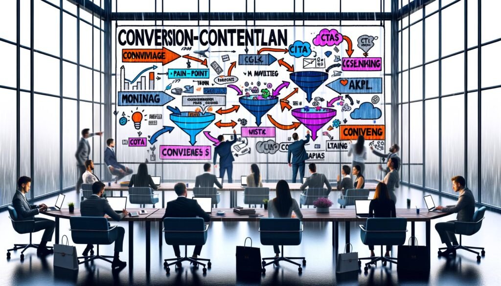 Team arbeitet fokussiert an einem großen Whiteboard mit Conversion-Content-Plan in modernem Großraumbüro, bunte Post-its, digitale Elemente und Regen an den Fenstern schaffen eine produktive Atmosphäre.