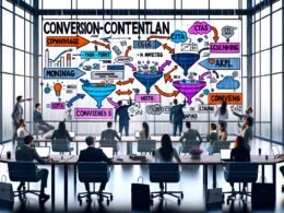 Team arbeitet fokussiert an einem großen Whiteboard mit Conversion-Content-Plan in modernem Großraumbüro, bunte Post-its, digitale Elemente und Regen an den Fenstern schaffen eine produktive Atmosphäre.