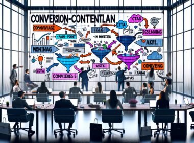 Team arbeitet fokussiert an einem großen Whiteboard mit Conversion-Content-Plan in modernem Großraumbüro, bunte Post-its, digitale Elemente und Regen an den Fenstern schaffen eine produktive Atmosphäre.