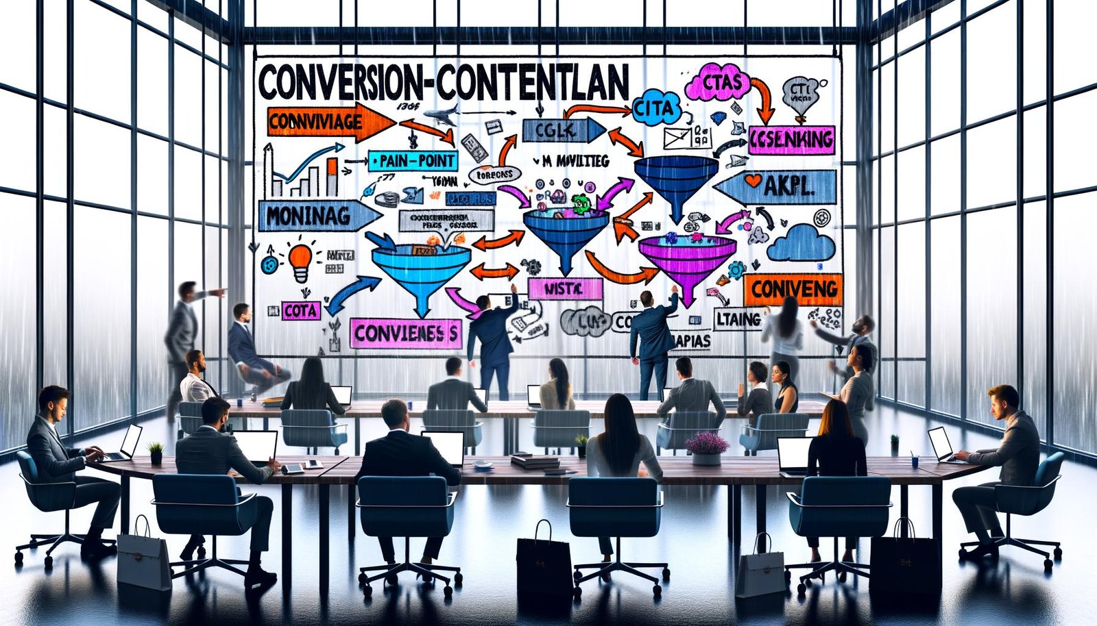Team arbeitet fokussiert an einem großen Whiteboard mit Conversion-Content-Plan in modernem Großraumbüro, bunte Post-its, digitale Elemente und Regen an den Fenstern schaffen eine produktive Atmosphäre.