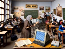 Lehrer versucht, ein kaputtes interaktives Whiteboard zu bedienen, Schüler nutzen alte Tablets und Papier, im Hintergrund technische Altgeräte und ein „Kein WLAN“-Schild in einem deutschen Klassenraum 2024.