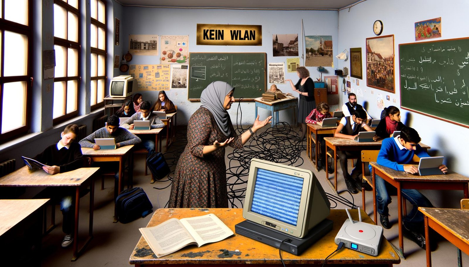 Lehrer versucht, ein kaputtes interaktives Whiteboard zu bedienen, Schüler nutzen alte Tablets und Papier, im Hintergrund technische Altgeräte und ein „Kein WLAN“-Schild in einem deutschen Klassenraum 2024.