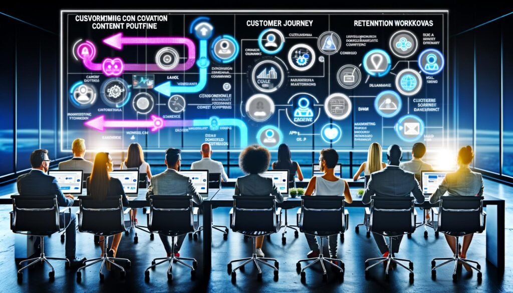 Belebte Büroszene mit diversen Menschen an großen Bildschirmen, die visuelle Customer Journeys, bunte Datenströme sowie moderne Marketing-Touchpoints wie Website, E-Mail, App und CRM auf dynamischem Conversion Content Plattform-Interface analysieren.