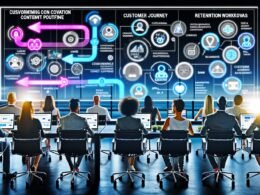 Belebte Büroszene mit diversen Menschen an großen Bildschirmen, die visuelle Customer Journeys, bunte Datenströme sowie moderne Marketing-Touchpoints wie Website, E-Mail, App und CRM auf dynamischem Conversion Content Plattform-Interface analysieren.