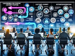 Belebte Büroszene mit diversen Menschen an großen Bildschirmen, die visuelle Customer Journeys, bunte Datenströme sowie moderne Marketing-Touchpoints wie Website, E-Mail, App und CRM auf dynamischem Conversion Content Plattform-Interface analysieren.