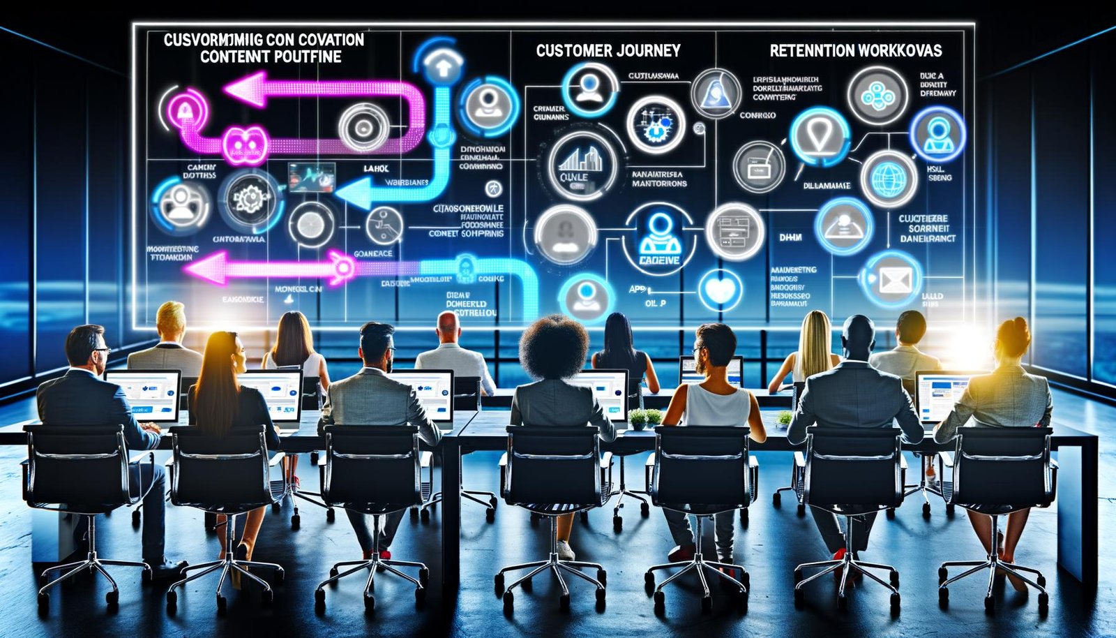 Belebte Büroszene mit diversen Menschen an großen Bildschirmen, die visuelle Customer Journeys, bunte Datenströme sowie moderne Marketing-Touchpoints wie Website, E-Mail, App und CRM auf dynamischem Conversion Content Plattform-Interface analysieren.